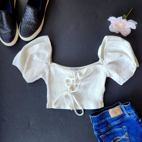 Zara White Cropped Capped Sleeved Blouse - Picture 1 of 9